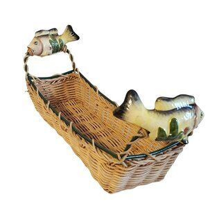 Woven Wicker Basket Ceramic Hand Painted Fish Handles 16"